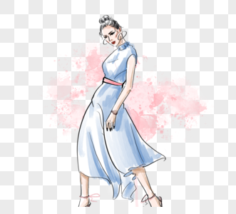 蓝色长裙时尚时尚女孩模型封面手绘元素图片