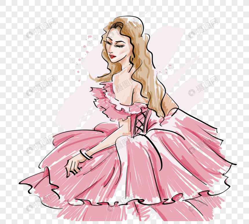时尚粉红色连衣裙模型手绘元素图片