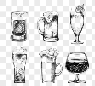 手绘夏季饮料中黑白线素描元素饮料啤酒冰块图片