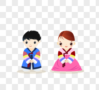 手画男孩和女孩穿hanbok例证图片
