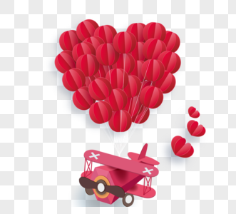 卡通天空情人节红色爱心热气球立体卡通飞机素材