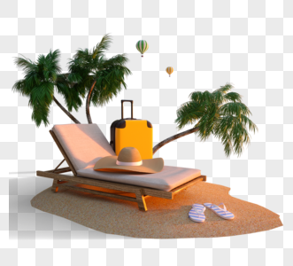 夏阳下沙滩旅行箱3d元素图片