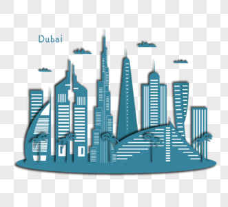 蓝色手绘剪纸风格迪拜城市元素高清图片