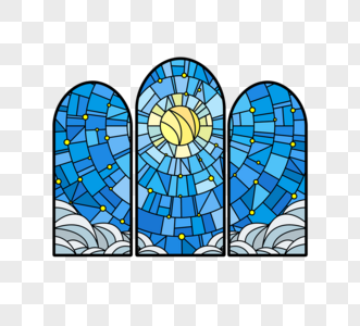 蓝色哥特教堂玻璃太阳彩绘元素图片