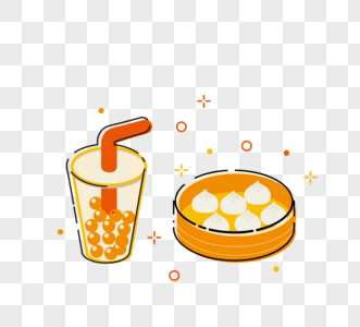 黄橙彩色简约描边MBE风格珍珠奶茶小笼包台湾美食元素图片