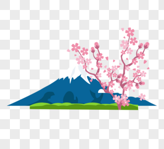 富士山和樱花手绘插图高清图片