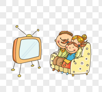 卡通手绘家庭看电视图片