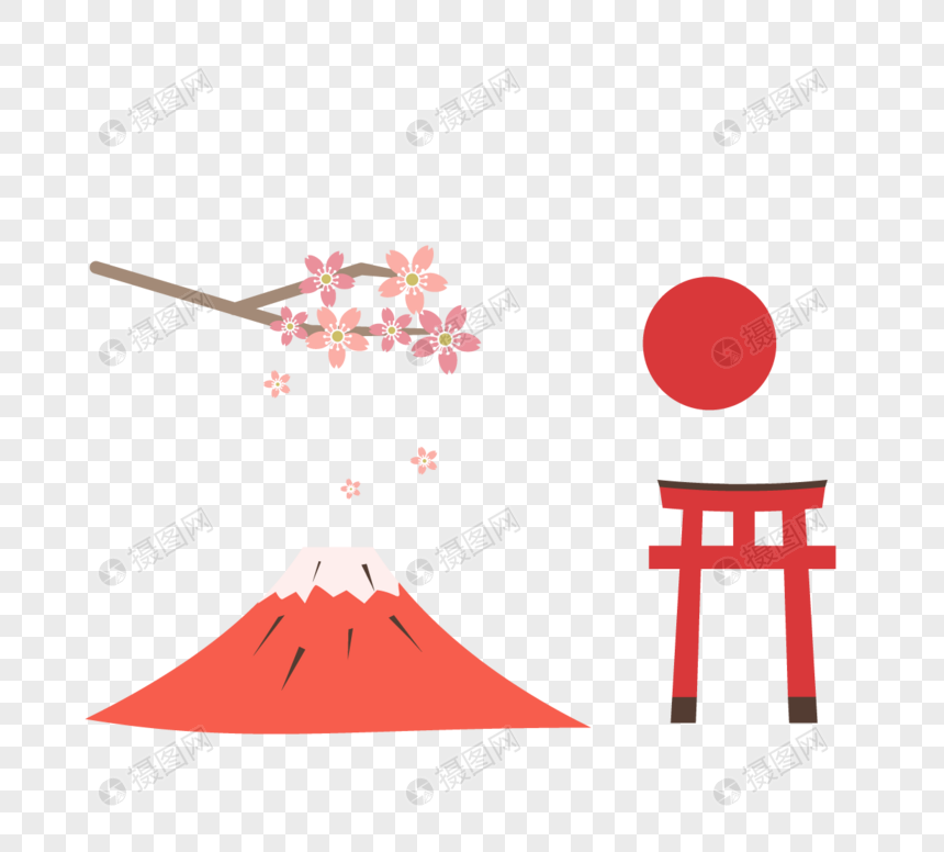 简约传统红色系日本樱花红色山鸟屋元素图片