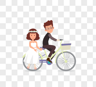卡通风格夫妻结婚并骑自行车高清图片