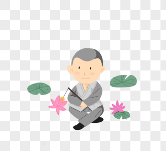 书生和尚儿童和尚与莲花灯笼在卡通佛圣诞节素材
