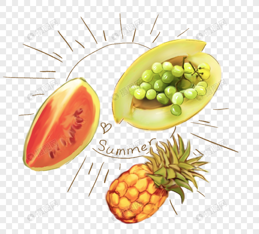 夏日水果菠萝西瓜葡萄元素图片