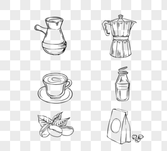 手绘黑色线稿咖啡豆咖啡壶咖啡杯图片