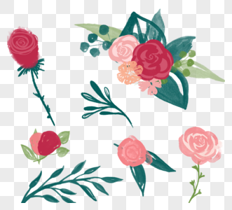 红粉色手绘水彩小清新玫瑰叶子元素图片