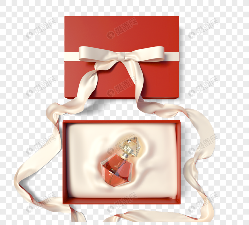 红色丝带礼盒香水3d元素图片