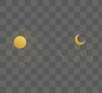 六角形简单线条太阳月亮金色渐变图高清图片