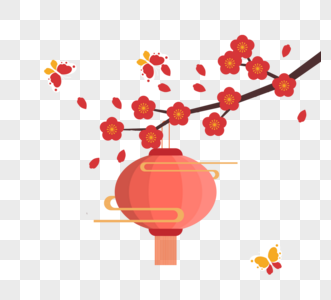 中国风红色灯笼梅花树枝元素图片
