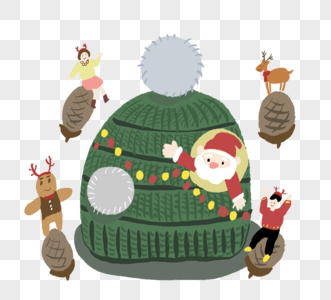 圣诞节帽子,羊毛帽子,鹿,小人,姜饼,松果,手拉例证。图片
