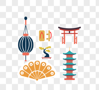 日本灯笼木屐鸟居盆景和扇皇居标签贴纸创意元素图片