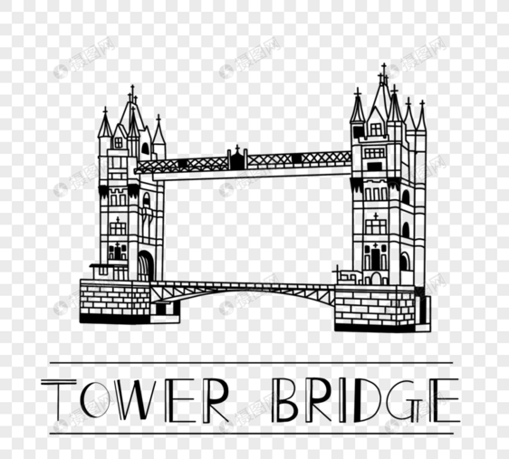 黑色手绘线条风格英国伦敦塔大桥元素图片