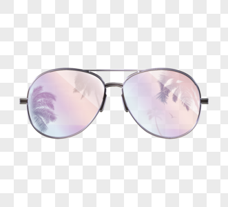 淡粉色少女海滩椰子树海鸥反射金属镜框太阳镜高清图片