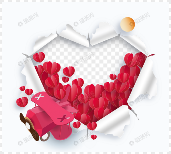 浪漫情人节撕纸效果飞机爱心热气球图片