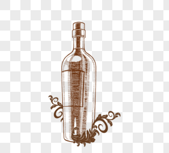 一瓶带有花环棕色手绘酒和玻璃酒瓶高清图片