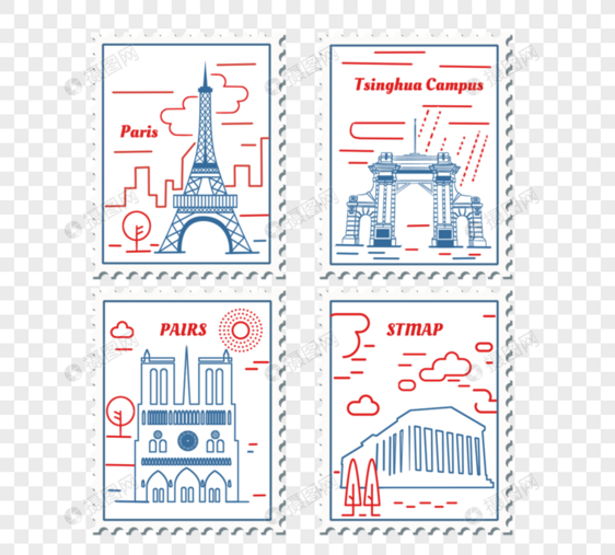 手绘风景建筑邮票图片