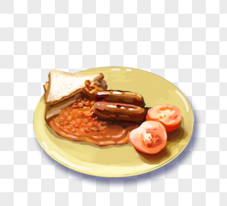 英式白面包炒豆番茄香肠早餐图片