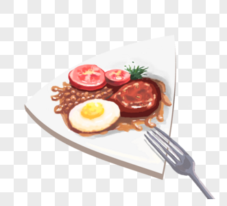 英式炒豆角煎蛋番茄培根早餐元素图片