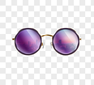 时尚复古紫色圆形夕阳下旅游城市倒影金色镜框太阳眼镜高清图片