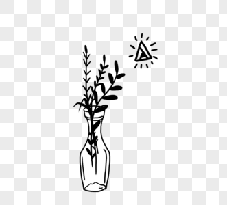 手绘黑白线描植物花瓶图片