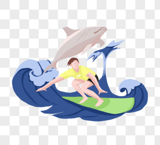 清新扁平风格夏日度假海上冲浪运动海豚嬉戏图片