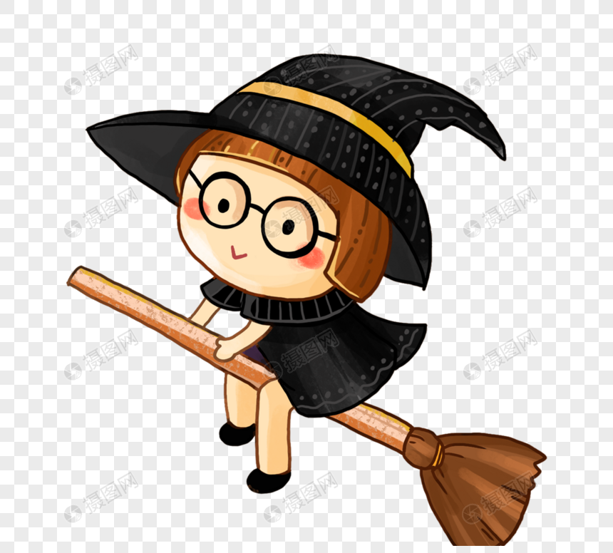 手绘卡通西方女巫飞行扫帚元素