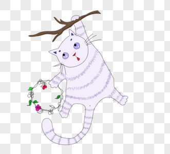 平面可爱挂树上紫色小猫咪元素矢量图图片