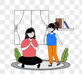 卡通手绘家庭瑜伽亲子活动图图片
