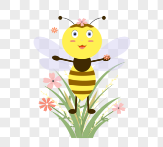 黄色扁平风春天蜜蜂采蜜元素图片