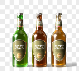 不同彩色啤酒瓶3d元素图片