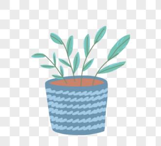 手绘可爱卡通绿色植物蓝色盆栽图片