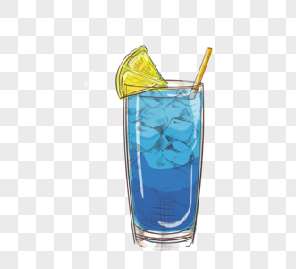 手绘透明玻璃杯蓝色饮料图片