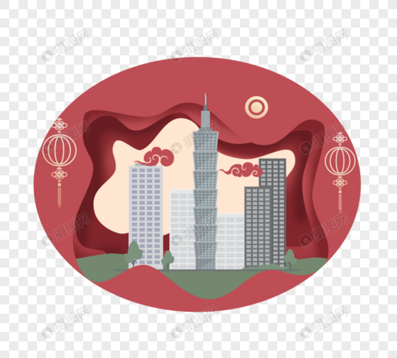 红色灰色剪纸风格台湾建筑图片
