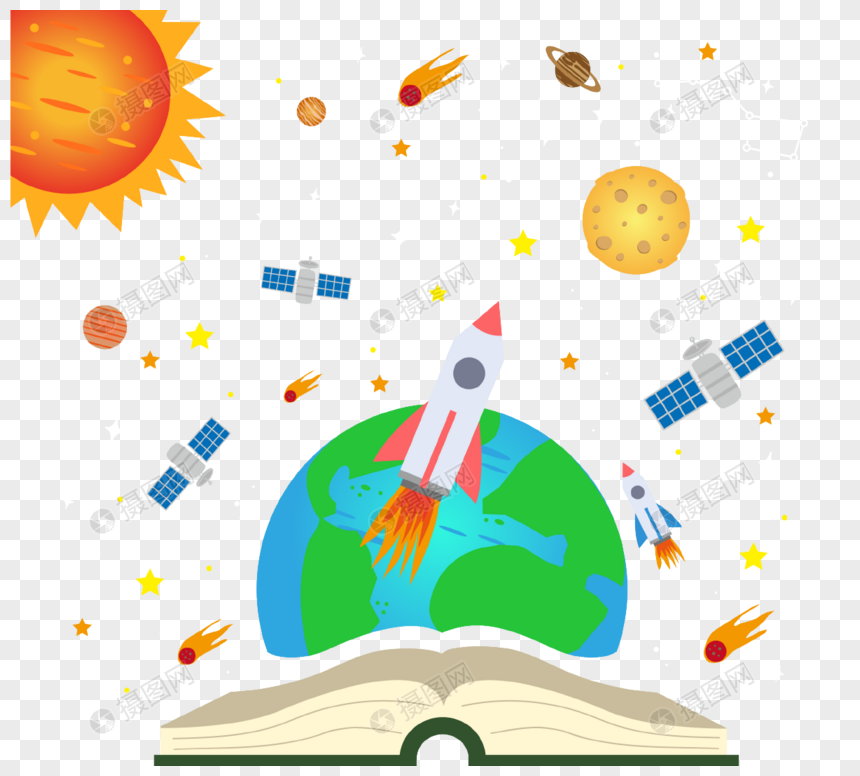 卡通地球火箭书本教育元素图片