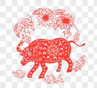 窗花中国剪纸风格红色牛花纹图片