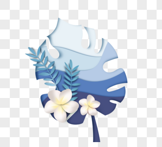 蓝色龟背叶手绘花朵剪纸风格图片