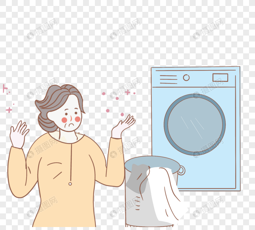 手绘卡通更年期女人洗衣服图
