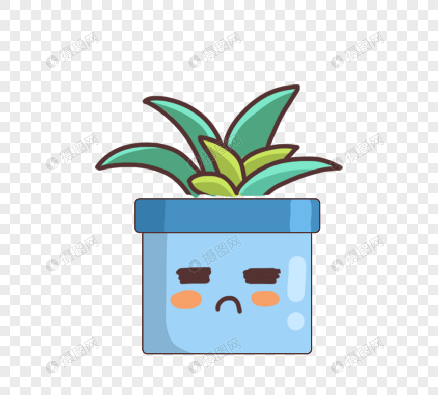 手绘可爱卡通绿色植物蓝色盆栽