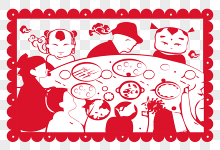 新年习俗团圆饭剪纸插画图片