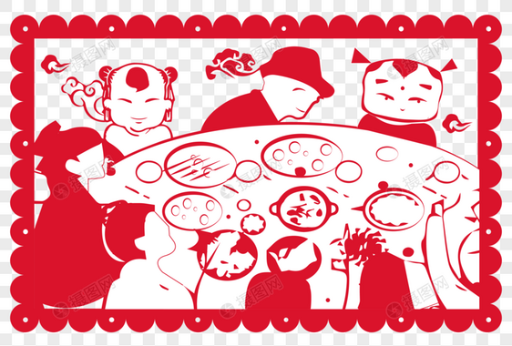新年习俗团圆饭剪纸插画图片
