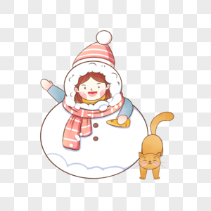 女孩与猫咪堆雪人高清图片