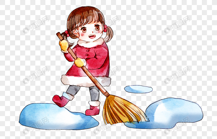 手绘扫雪的女孩冬季卡通人物