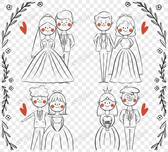 卡通风格线条新郎新娘元素图片